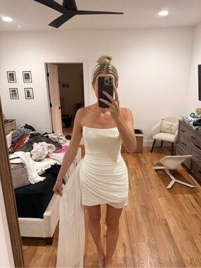 Strapless White Ruched Mini Dress with Draped Side Panel